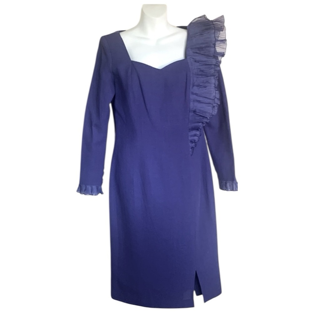 Pierre Cardin dress, Women's 10, VTG, cocktail, blue wool, ruffle over shoulder